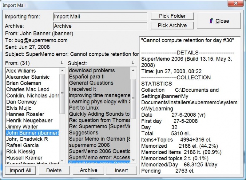 SuperMemo: Import Mail dialog box which you can import your mail from MS Outlook to SuperMemo through