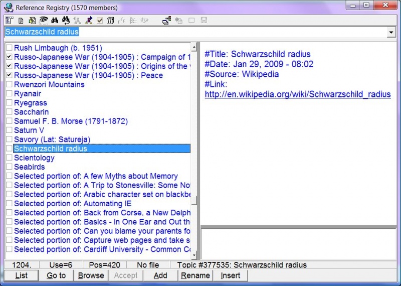 SuperMemo: References are kept in a dedicated registry while their individual text fields (e.g. title, author, date, source, etc.) are stored in the text registry, and thus are available for global text searches
