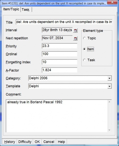 SuperMemo: Item/Topic tab in the Element parameters dialog box