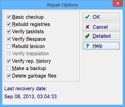SuperMemo: The Recovery Options dialog box displayed when you choose to perform the collection check-up and recovery
