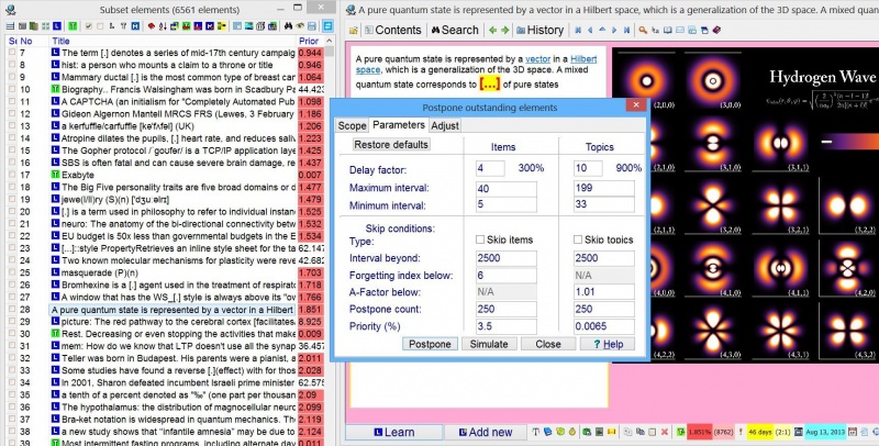 SuperMemo: The Parameters tab of the Postpone outstanding elements dialog box