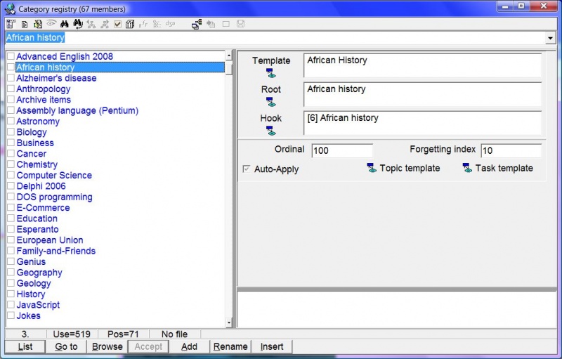 SuperMemo: Category registry which you can use to review categories (and change their properties) used in your collection