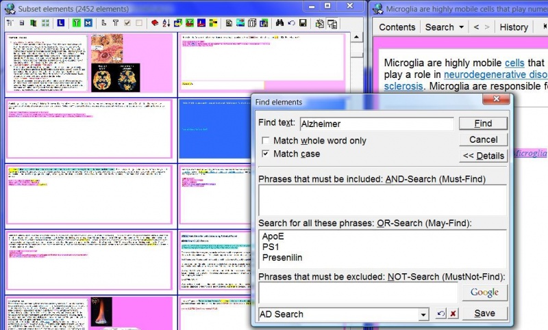 SuperMemo: You can use AND, OR and NOT search to locate elements in your collection (in the picture: Search : Find elements (Ctrl+F) is used to find all elements that contain the word Alzheimer but which may also feature (but do not have to) one of the following texts: ApoE, PS1, Presenilin)