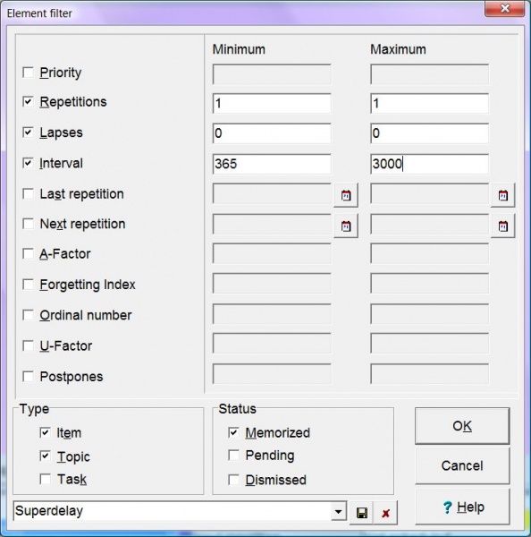 SuperMemo: Element filter dialog box which you can use to browse all elements that meet your search criteria (e.g. in leech hunting)
