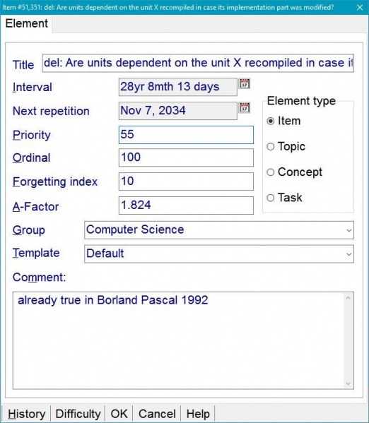 SuperMemo: The Element tab in the element parameters dialog box