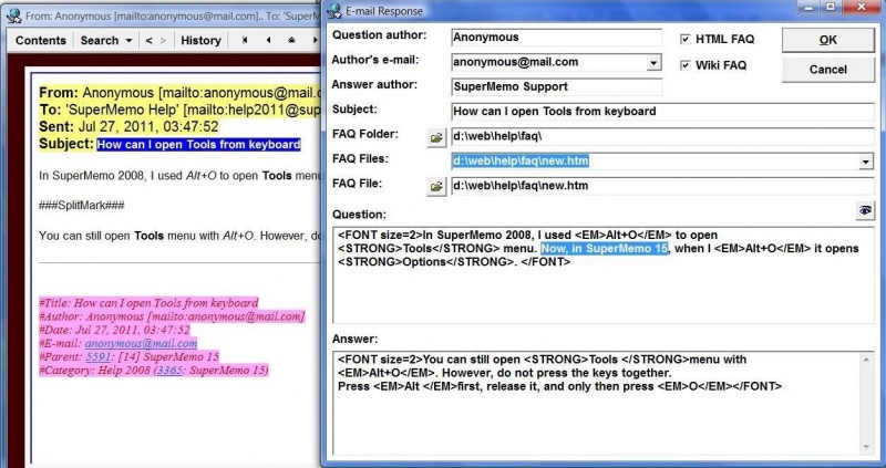 SuperMemo: Reading : E-mail FAQ on the component menu makes it possible to use the selected text as a question in an FAQ. The FAQ will be sent as a reply, and stored in FAQ files (as HTML and/or Wiki).