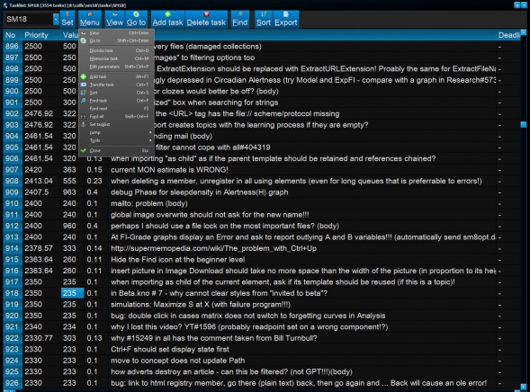 SuperMemo: Tasklist manager displaying the SuperMemo 17 implementation list where individual to-do tasks are sorted by their priority as determined by the ratio of the value of a given task divided by the time necessary to complete it