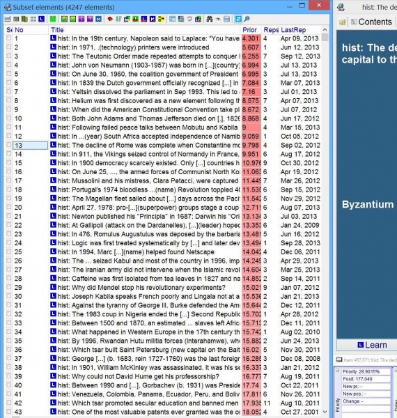 SuperMemo: Browser (with a toolbar at the top of it) with elements on History of War