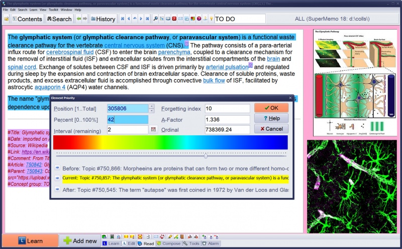 SuperMemo: A simple way to get the feel of the relative importance of an article is to look at the After and Before fields in the Element priority dialog (Alt+P)