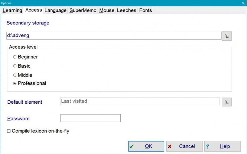 SuperMemo: Tools : Options : Access tab